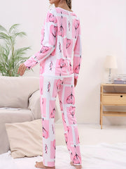 Heart Print Pajama Set Long Sleeve Crew Neck Top & Elastic Waistband Pants