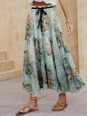 Floral Print Pleated Maxi Skirt High Waist