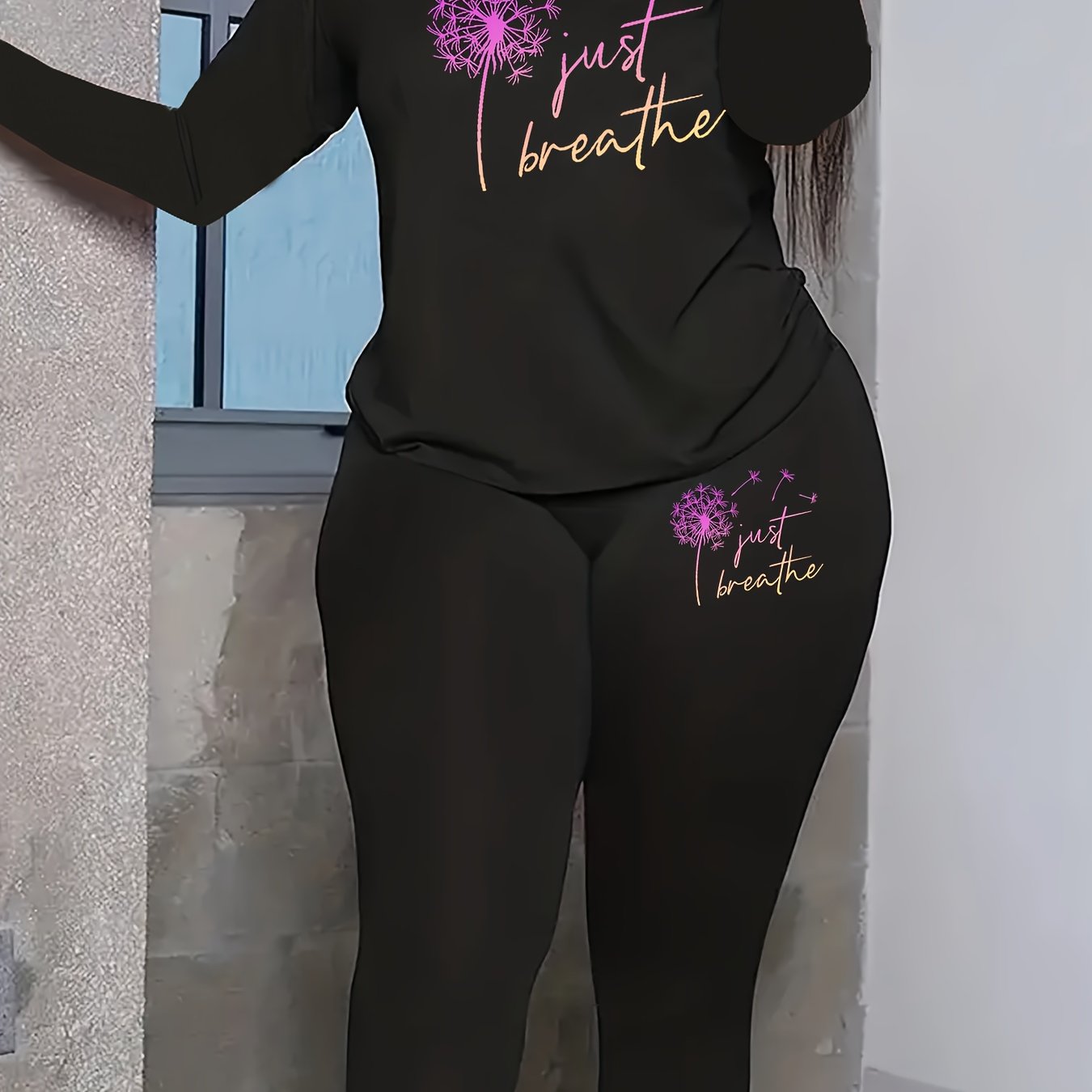 Women's Plus Dandelion & Slogan Print Top & Leggings Outfit