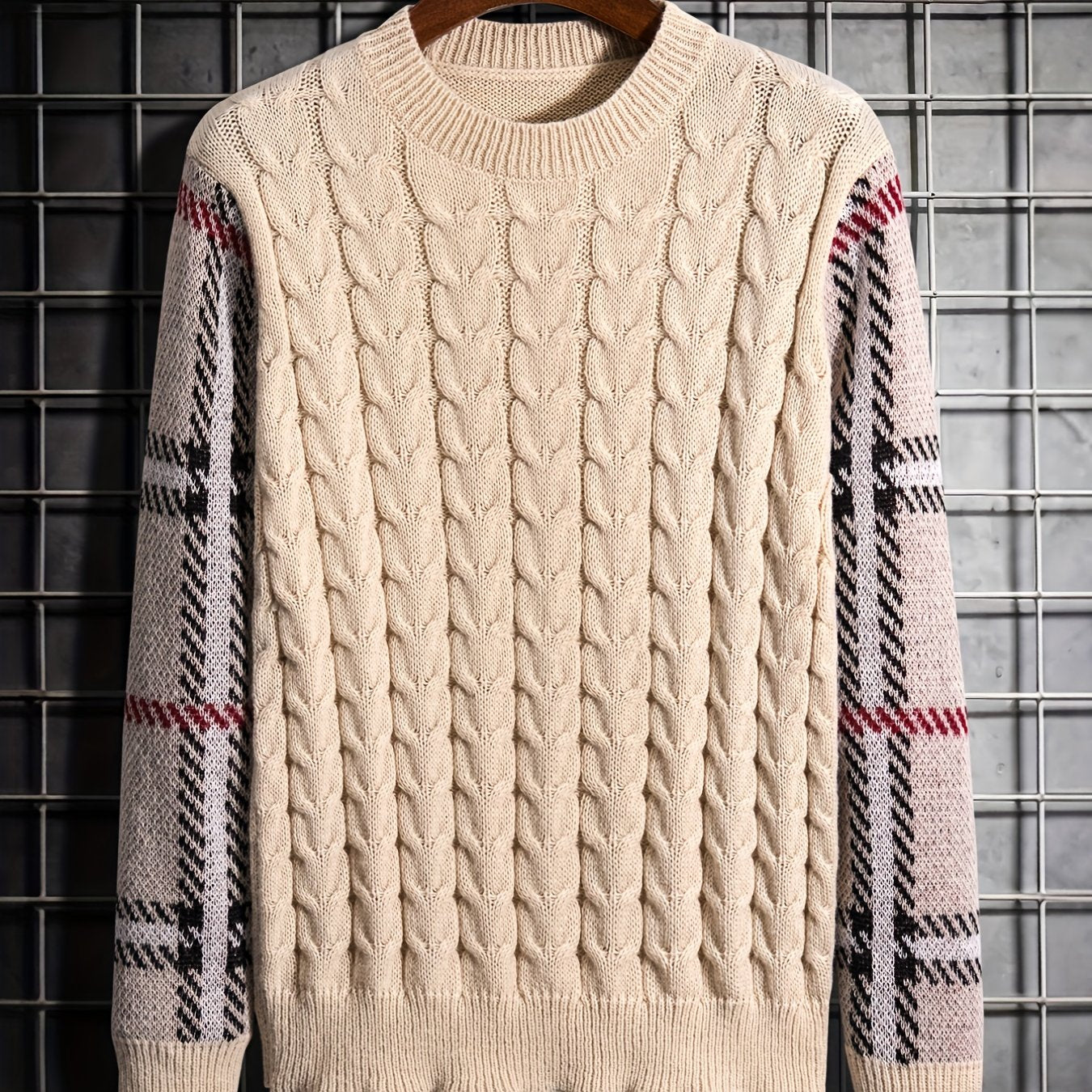 Men's Crew Neck Knitted Sweater - Block Plaid Sleeves - Fall/Winter