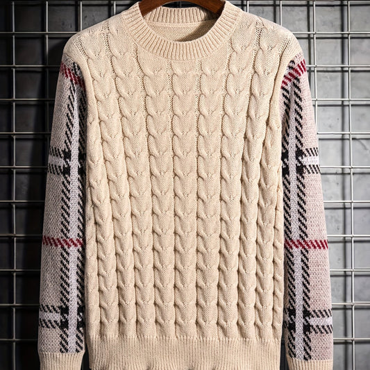Men's Crew Neck Knitted Sweater - Block Plaid Sleeves - Fall/Winter