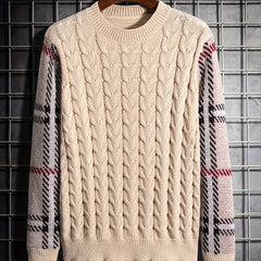 Men's Crew Neck Knitted Sweater - Block Plaid Sleeves - Fall/Winter