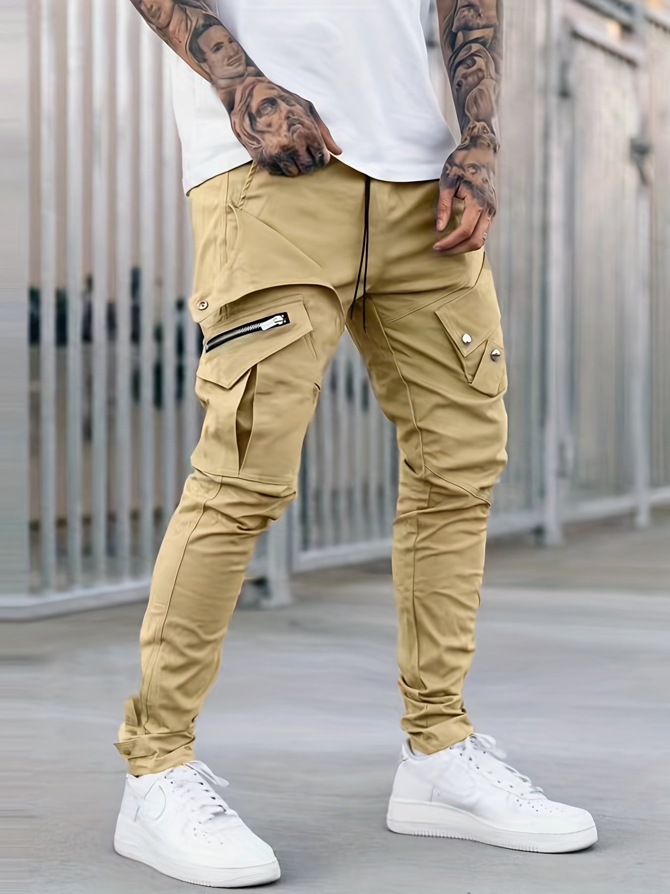 Men's Drawstring Cargo Pants Zip Pocket Slim Fit Outdoor Pants