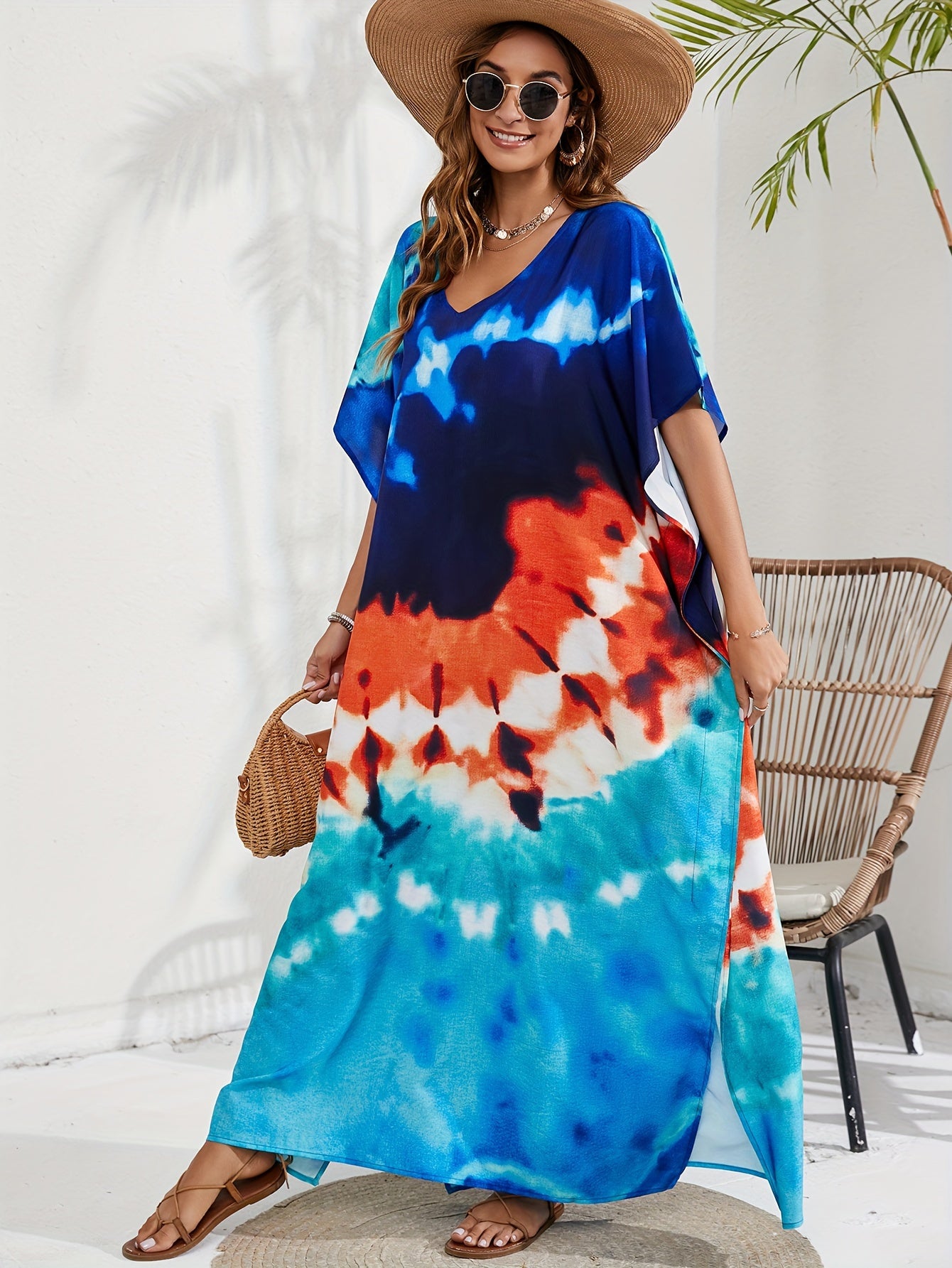 Tie Dye Batwing Sleeve Beach Cover Up Dress