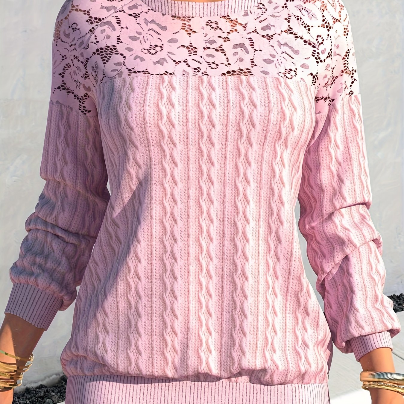 Lace Sleeve Knit Top - Round Neck