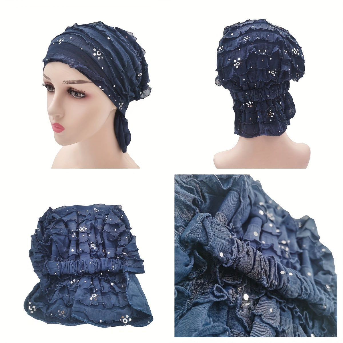 Sequin Decor Ruffle Turban Cap Elastic Head Wrap Ramadan Hijab Hats