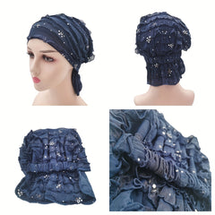 Sequin Decor Ruffle Turban Cap Elastic Head Wrap Ramadan Hijab Hats