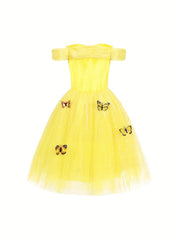 Girls Off Shoulder Princess Dress Mesh Lace Butterfly Holiday Party