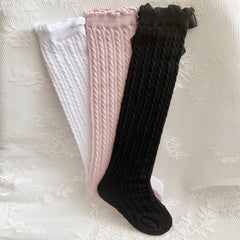 3 Pairs Girls Cable Knit Bow Knee High Socks Long Uniform Stockings