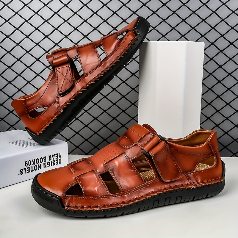 Men's Vintage Leather Slide Sandals Hook and Loop Casual Walking Shoes