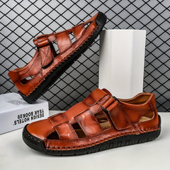 Men's Vintage Leather Slide Sandals Hook and Loop Casual Walking Shoes