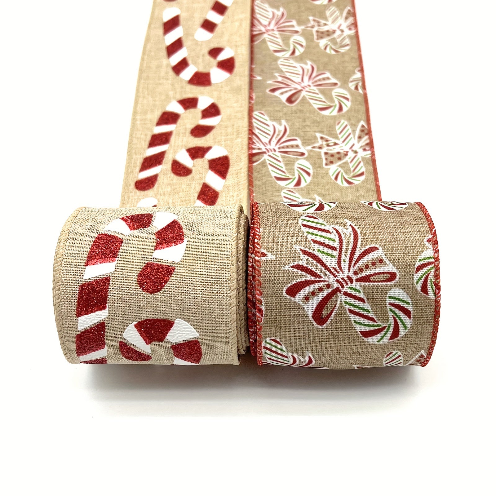 57 Meters Christmas Brown Candy Wired Edge Ribbon Red Candy Cane Fabric Craft