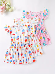 Girls Ice Cream Farm Chicks Print Ruffle Party Dress