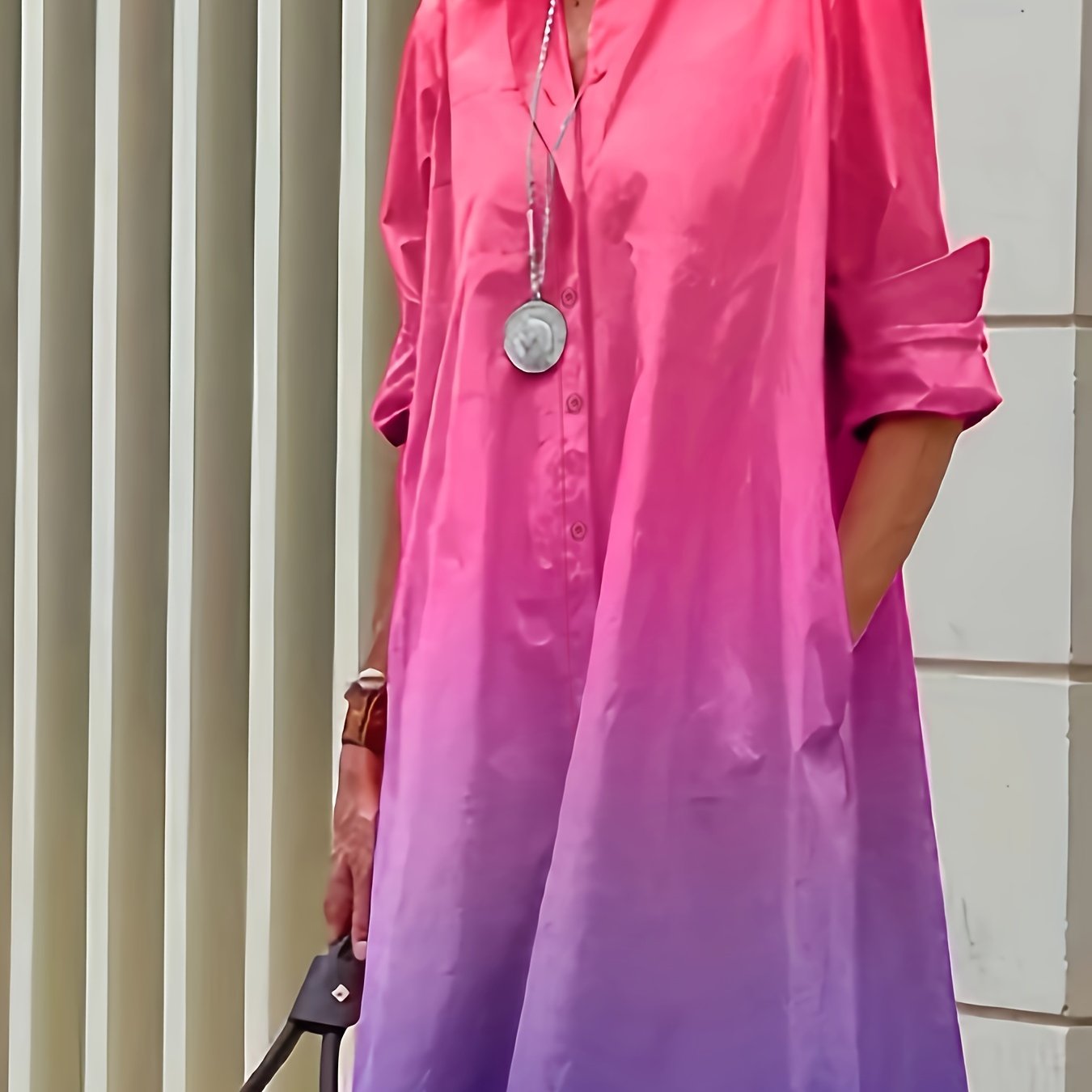 Plus Ombre Long Sleeve Collar Shirt Dress With Pocket
