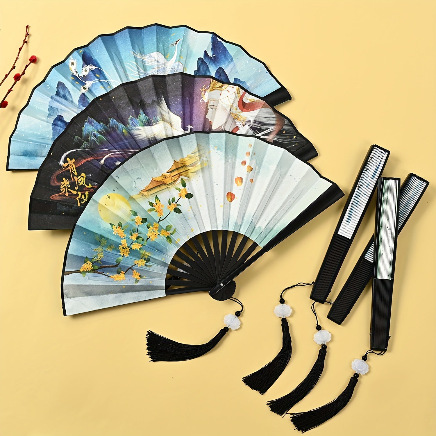 Chinese Style Double Sided Silky Tassel Folding Fan