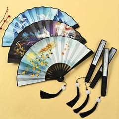 Chinese Style Double Sided Silky Tassel Folding Fan