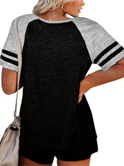 Colorblock Stripe Print Tee & Drawstring Shorts Set