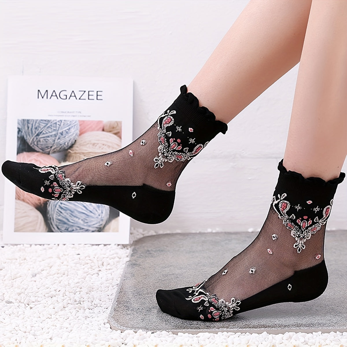 Floral Lace Fishnet Ruffle Socks Semi Sheer Socks Women's Hosiery