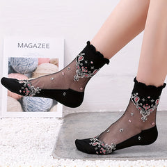 Floral Lace Fishnet Ruffle Socks Semi Sheer Socks Women's Hosiery