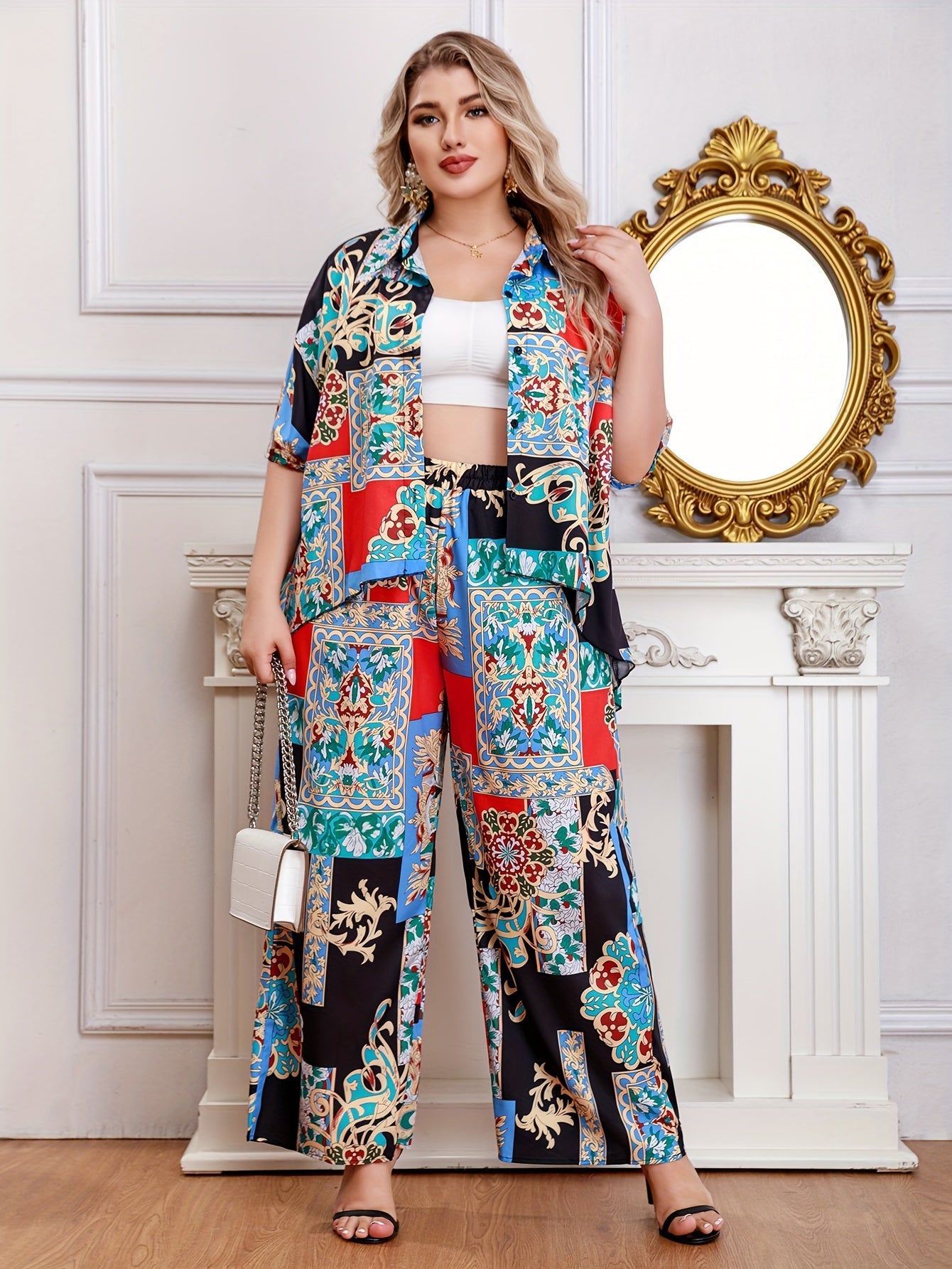 Women's Plus Scarf Print Half Sleeve Shirt & Loose Pants Set