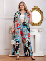 Women's Plus Scarf Print Half Sleeve Shirt & Loose Pants Set
