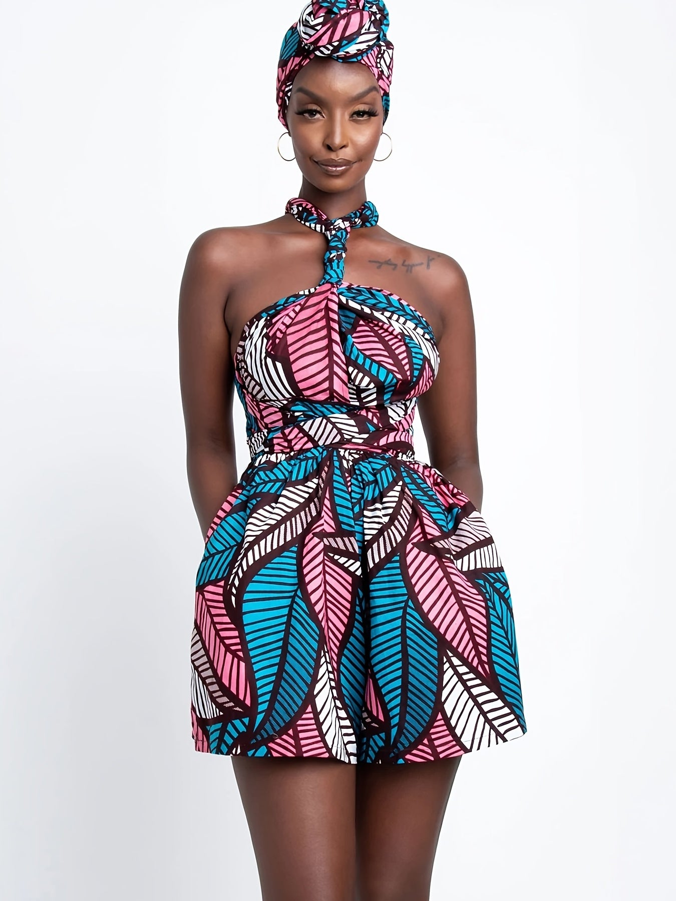 Boho Print Multiple Wear Jumpsuit Ethnic Tie Waist Short Length Jumpsuit Women