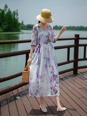 Vintage Floral Print Ruched Dress Tie Waist Surplice Neck A Line