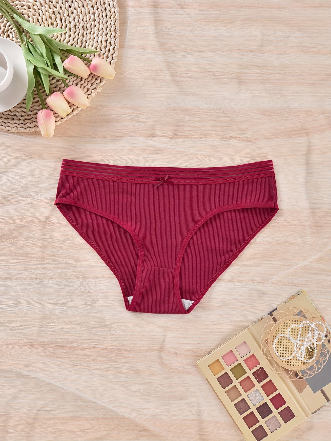 2 Pack Plus Size Panties Set Women's Plus Ribbed Striped Mid Rise Mini Bow