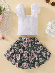 Cotton Flutter Sleeve Top & Flower Print Skirt Set