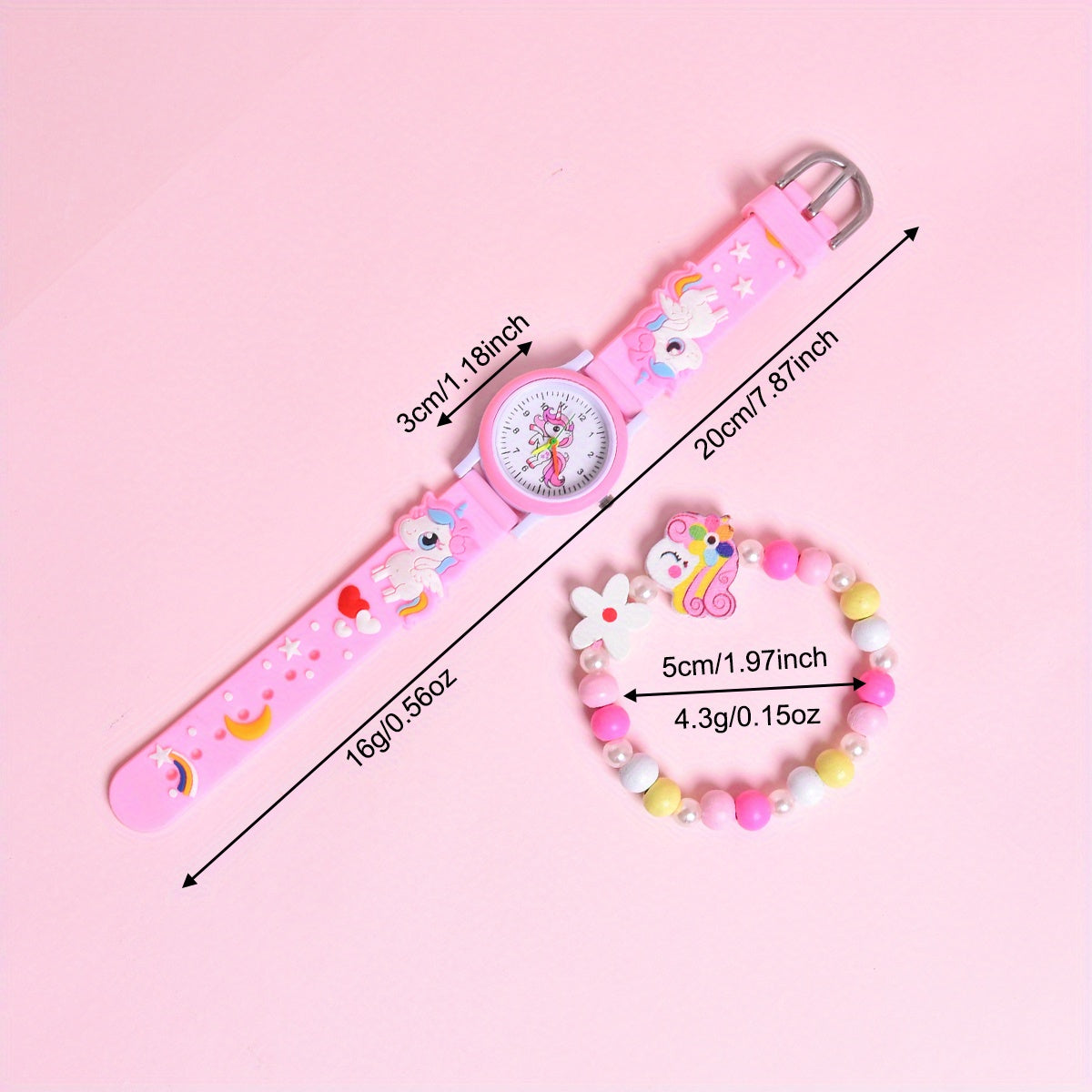 Girls' 3D Cartoon Horse Silicone Strap Watch Set with Wooden Bracelet