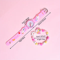 Girls' 3D Cartoon Horse Silicone Strap Watch Set with Wooden Bracelet
