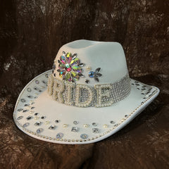 Women Bride Cowboy Hat Wide Brim Bridal Felt Hat Rhinestone Western Fedora Cap