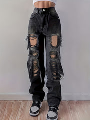 High Waist Ripped Straight Jeans Distressed Loose Fit Denim Pants