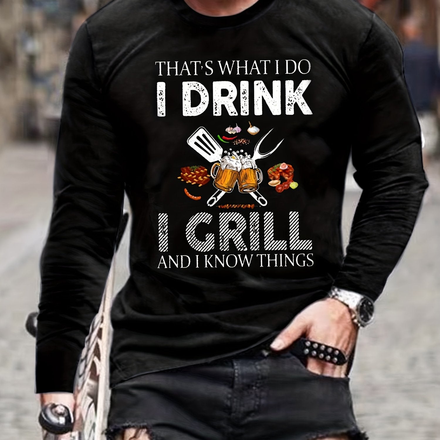 Men's Long Sleeve Novelty Tee - I Drink I Grill Print