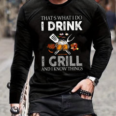 Men's Long Sleeve Novelty Tee - I Drink I Grill Print