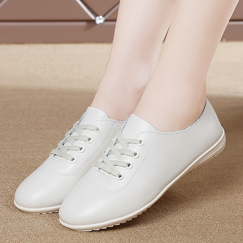 Faux Leather Lace Up Flat Shoes Anti slip Casual Comfortable Walking Shoes