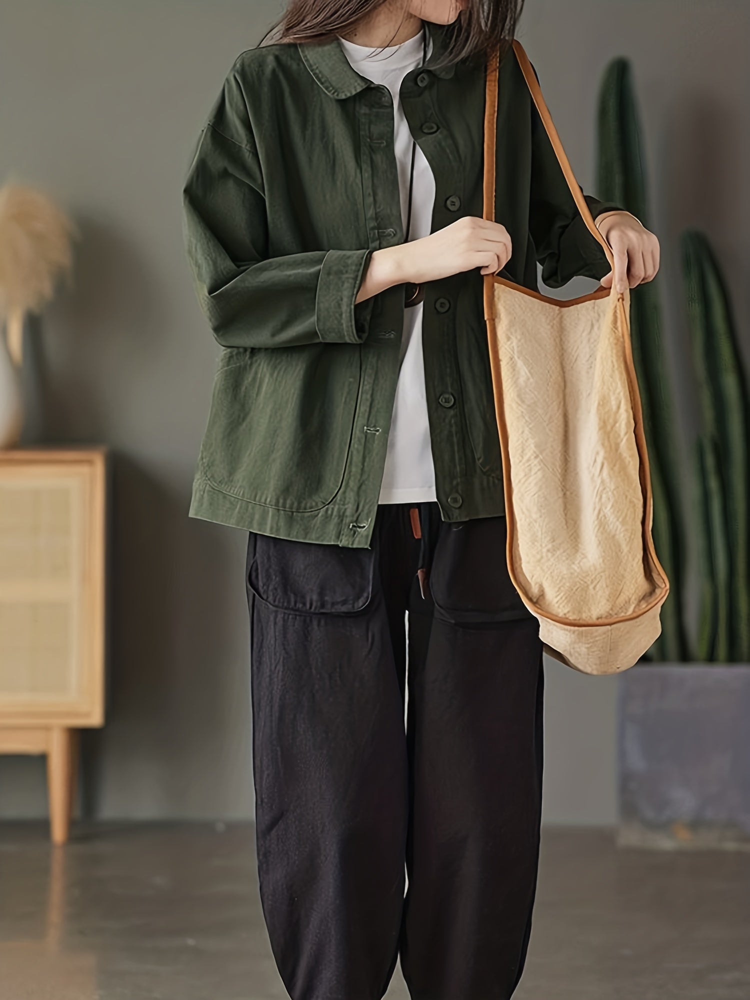 Button Front Collar Jacket Solid Outerwear Women's Clothing