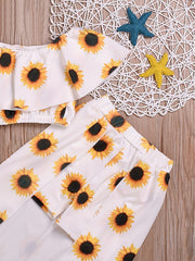 2pcs Toddler Girls Sunflower Suit Ruffle Crop Top & Irregular Skirt Set