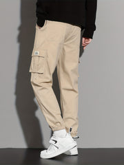 Solid Cargo Pants Men's Flap Pocket Trousers