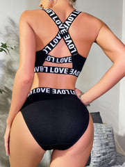 Letter Print Bra & Panties Set Criss Cross Back Women's Lingerie
