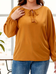 Casual Blouse Women's Plus Solid Contrast Lace Round Neck Lantern Slee