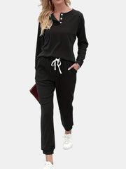 Solid Button Decor Raglan Sleeve Top & Jogger Pants Set