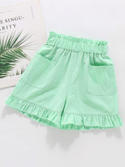 Girls Cotton Ruffle Bottom Shorts With Pockets