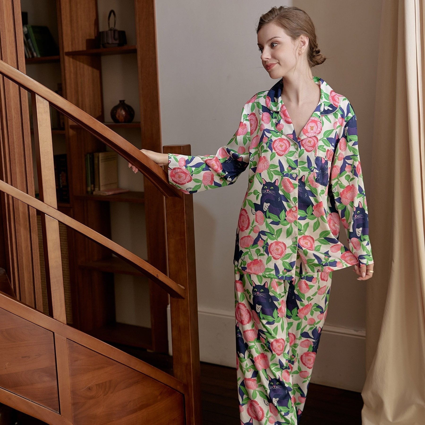 Floral & Cat Print Pajama Set Long Sleeve Top & Pants Women's Sleepwear