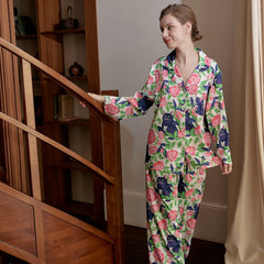 Floral & Cat Print Pajama Set Long Sleeve Top & Pants Women's Sleepwear