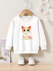 Cartoon Cat Print Girls Sweatshirt Long Sleeve Crew Neck Tops