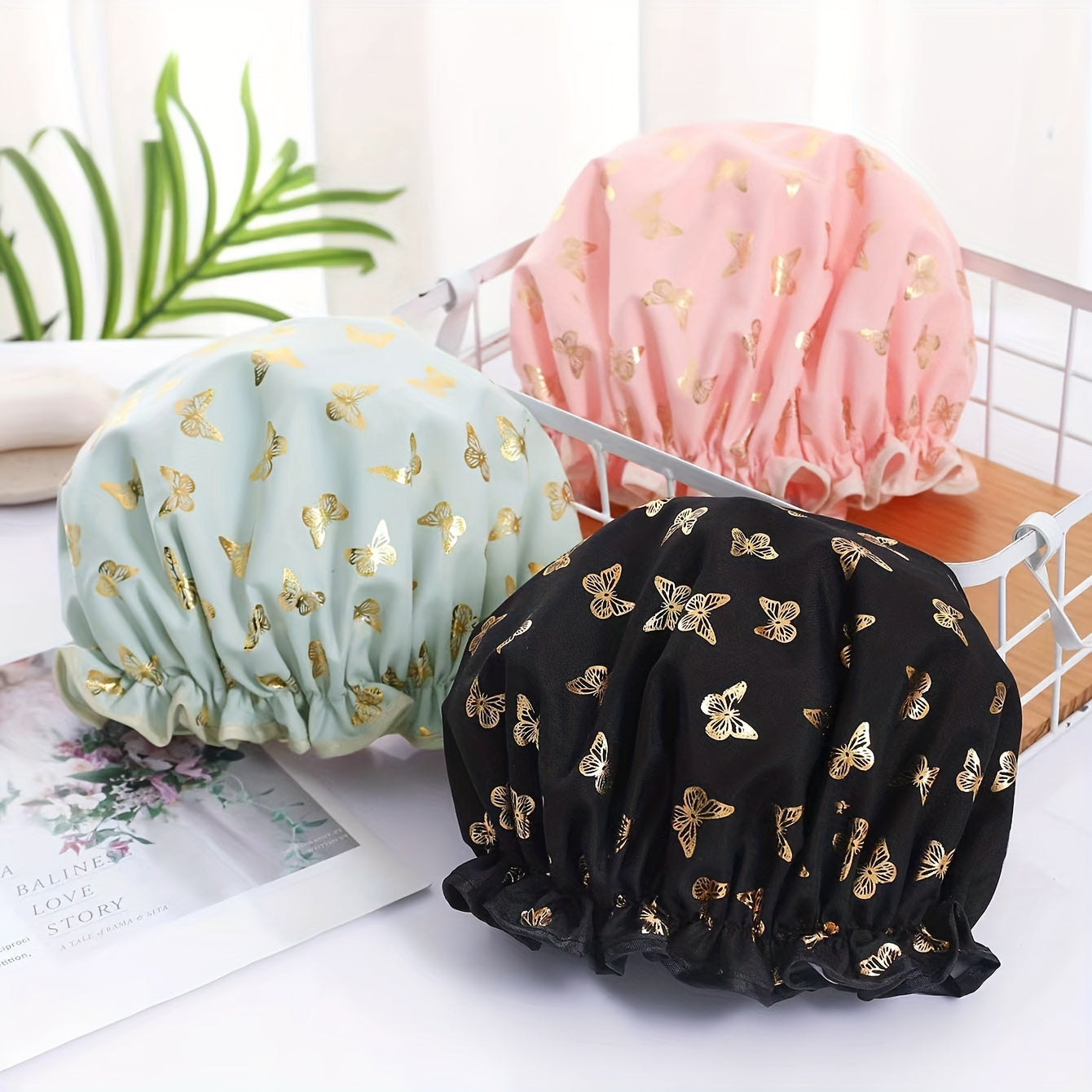 Butterfly Print Double Layer Shower Cap - Waterproof for Home & Travel
