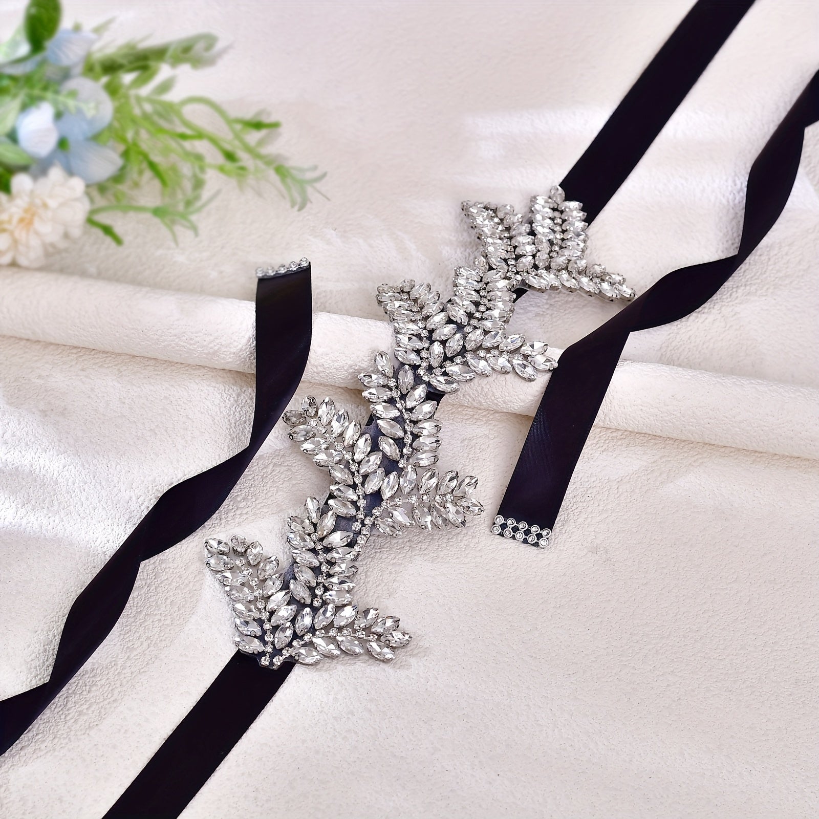 Rhinestone Embellished Bridal Headband with Satin Ribbon