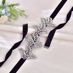 Rhinestone Embellished Bridal Headband with Satin Ribbon