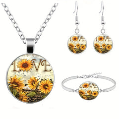 Sunflower Pattern Pendant Necklace Bracelet Earrings Set